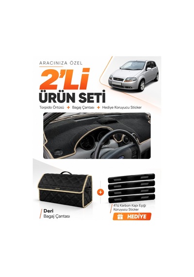E-biz Chevrolet Kalos 2009-2013 Uyumlu Torpido Örtüsü + Deri Bagaj Çantası - Siyah-bej - Ch004