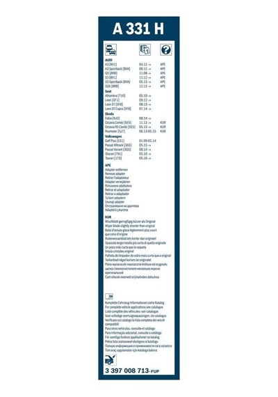 Bosch Arka Cam Sileceği - 330 Mm Skoda Kamiq 2019-2021 Nw4 A331h