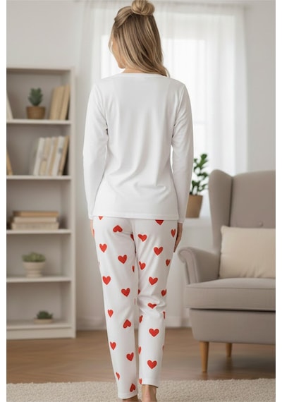 Siyah İnci Kadin Ekose Merry Christmas Baskılı Yılbaşı Temalı Örme Pijama Takım 7970 Kırmızı Kalp