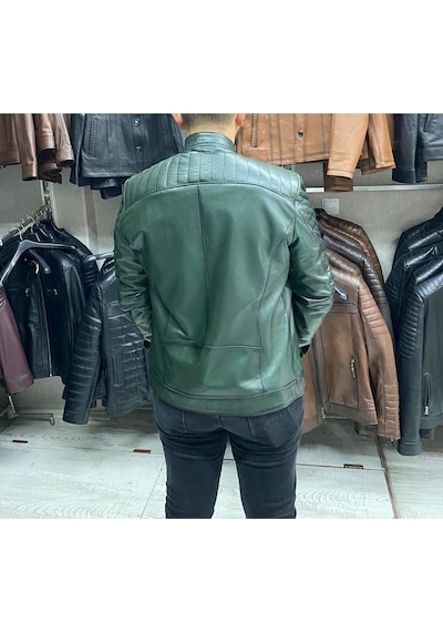 Nyc Giyim Tekstil & Deri Yeşil Karartmalı Hakiki Deri Spor Mont Ceket Slim Fit Yeşil