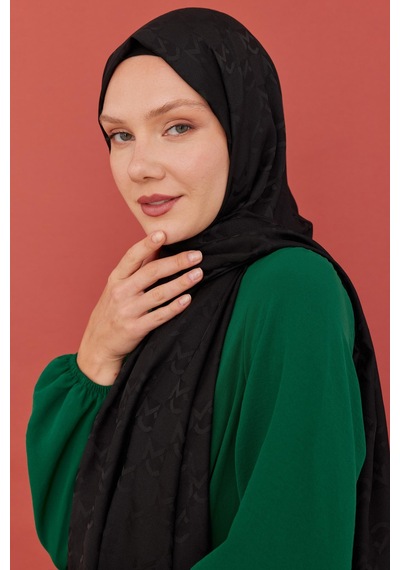 Mirsoy Scarf Mc Desen Parlak Jakar Şal - Siyah Siyah