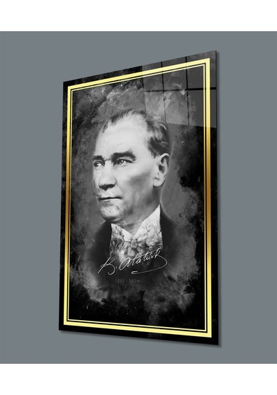 Miyrem Glasses Collection -a1^ Gold Şerit Atatürk Portresi Siyah Beyaz Cam Tablo
