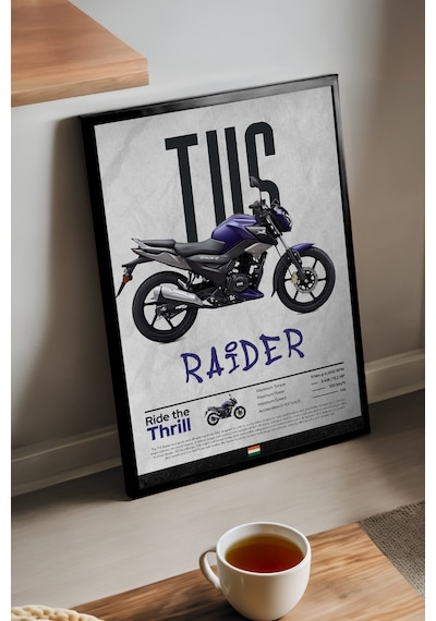 Tvs Raider Siyah Ahşap Çerçeveli Poster, Dekoratif Motosiklet Duvar Tablosu