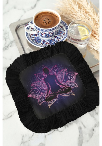 Lotus Mandala Aura Saçaklı Sunum Peçetesi - Meditasyon Temalı Bohem Mor Siyah Bardak Altlığı Mendil Çok Renkli