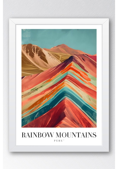 Rainbow Mountains Peru Vintage Seyahat Posteri Çerçeveli Tablo - Premium Gökkuşağı Dağları Dekor Beyaz