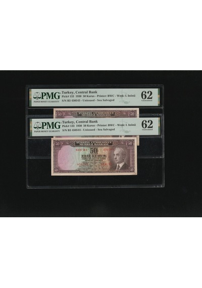 Pmg 62 Unc Çil İnönü Batan Gemi 50 Kuruş P 133 1930 S/n B3 450543/44 2. Ems