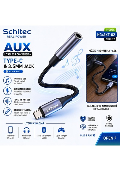 Schitec Type-c To 3.5mm Aux Dönüştürücü Adaptör Hifi Stereo Ses 10cm Siyah Hg/axt-02