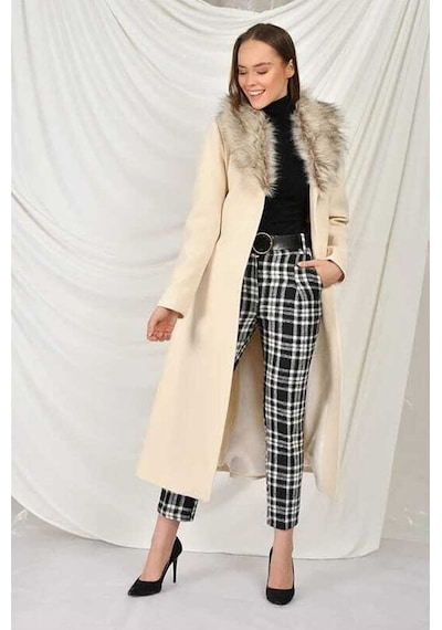 Lavajeans Kadın Yakası Kürklü Kaşe Kaban Bej