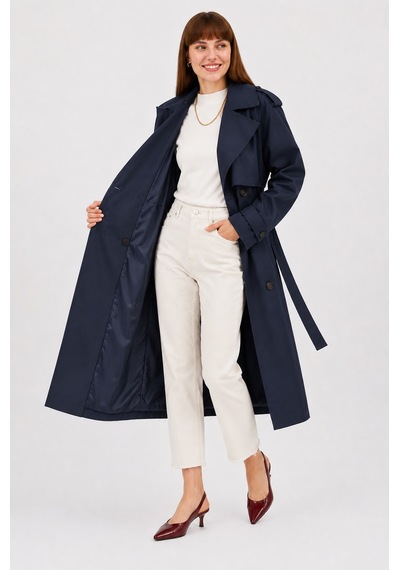 Ressho Kadın Kemerli Uzun Trençkot Su Geçirmez, Astarlı, Oversize Model Lacivert