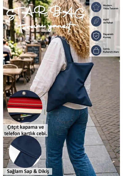 Tuttobene Star Bag Yıldız Çanta Çıtçıtlı İç Cepli Özel Tasarım Omuz Çantası Su Geçirmez Leke Tutmaz Tb052 Lacivert