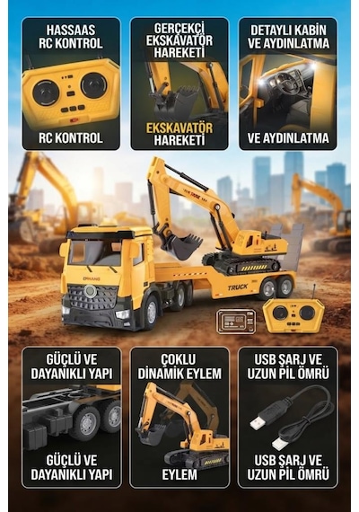 Uzaktan Kumandalı Şarjlı Axor & Römorklu Ekskavatör Taşıyıcı Tır 82 Cm 2.4 Ghz Oyuncak İş Makinesi