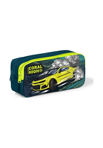 Coral High Kids Nefti Fosforlu Sarı Araba Desenli İki Bölmeli Kalem Çantası 12067