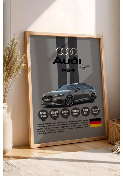 Audi Rs4 Premium Spor Araba Çerçeveli Tablo - Teknik Özellikli Otomobil Sever Duvar Dekoru Kayın