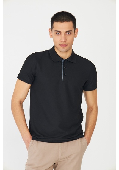 Siyah Modern Kesim Polo Yaka Erkek T-shirt Siyah