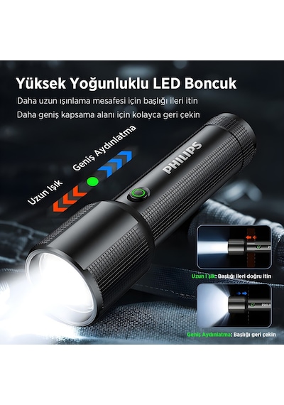Philips Sfl2203 450 Lümen 5w Led El Feneri Teleskopik Zoom Sos Modlu Metal Gövdeli Şarj Edilebilir Uzun Menzilli Flashlight