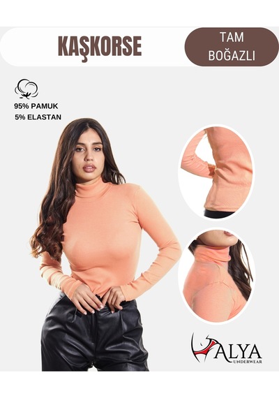Alya Underwear Kaşkorse Tam Boğazlı Body Sweatshirt, Fitilli Kumaş, Likralı, Gül Kurusu Yavru Ağzı