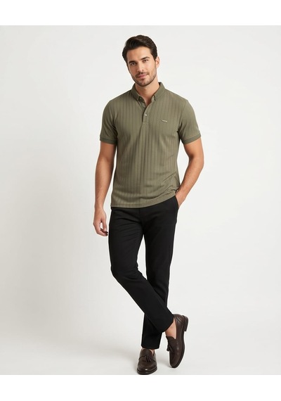 Özeniş Erkek Polo Yaka Slim Fit Çizgili Desen Kaşkorse T-shirt Haki Özeniş Erkek Polo Yaka Slim Fit Çizgili Desen Kaşkorse T-shirt Haki