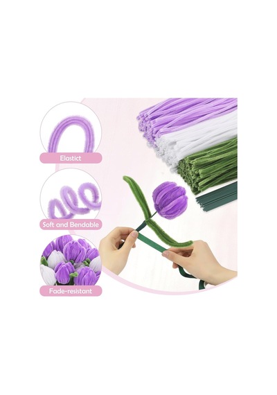 150 Adet Mor, Beyaz, Koyu Yeşil Renkli Şönil , Çiçek Yapım Seti, Tüylü Tel, 30 Cm, Peluş Tel