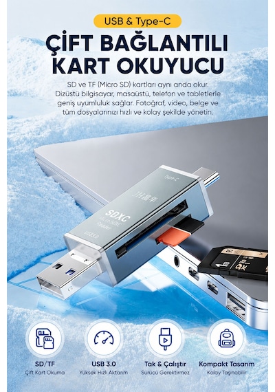 Usb 3.0 Type-c Sd Tf Microsd Kart Okuyucu Otg Adaptör, Çift Girişli Hafıza Kart Reader, Telefon Tablet Pc Laptop Kamera Drone Uyumlu, Alüminyum Gövde, Tak Çalıştır D498