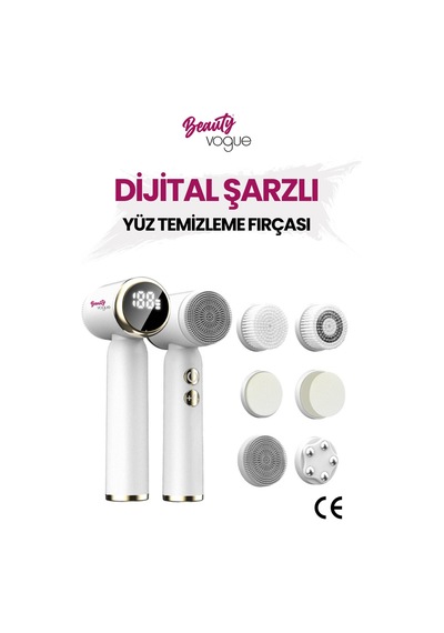 6 Başlık 3 Aşamalı Led Şarjlı Ekranlı Peeling Yüz Masaj Cilt Bakım Cihazı Aleti Frimatör Brush Beyaz