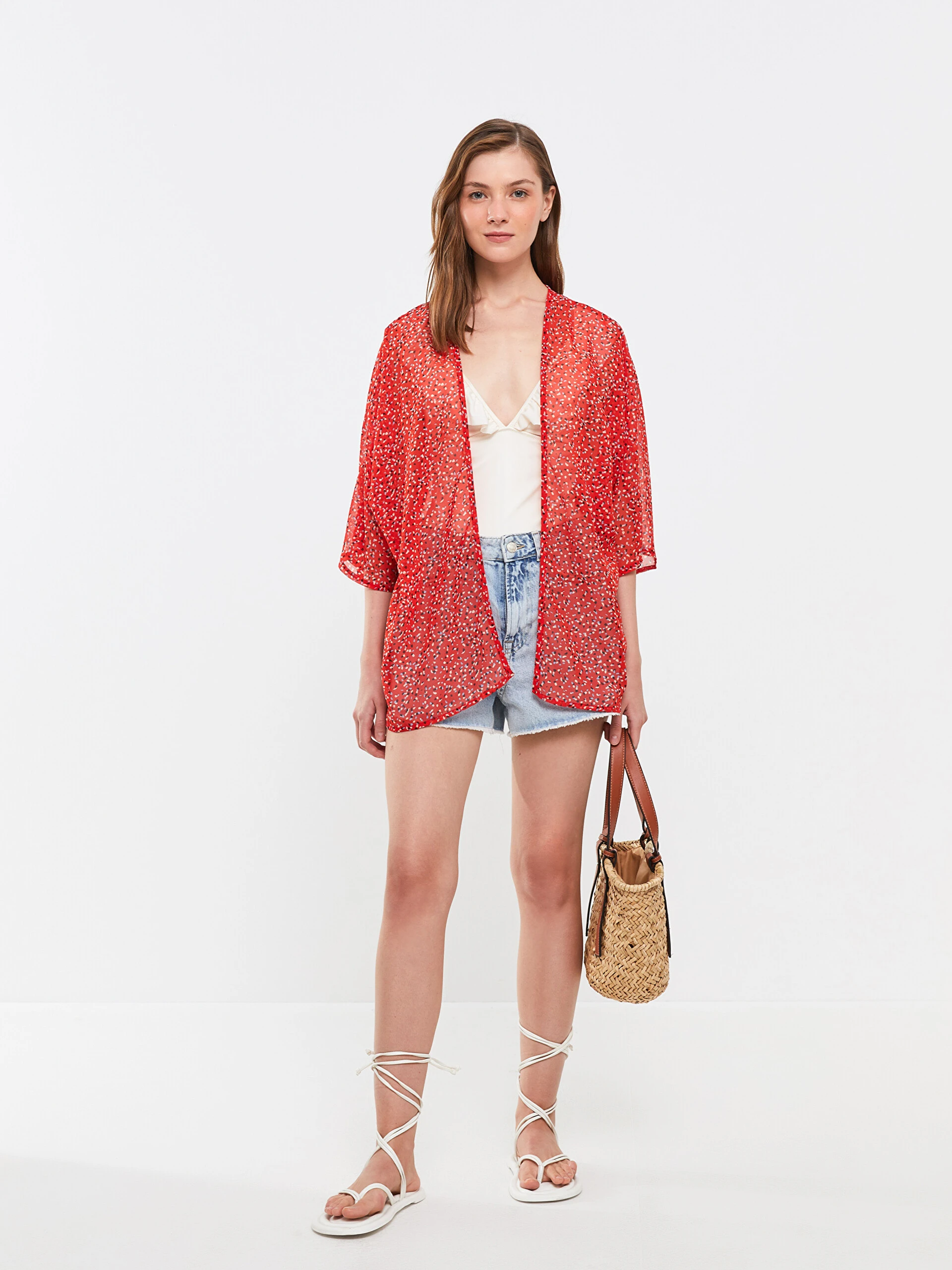 LC Waikiki Lcw Eco Kırmızı Şal Yaka Desenli Kadın Kimono