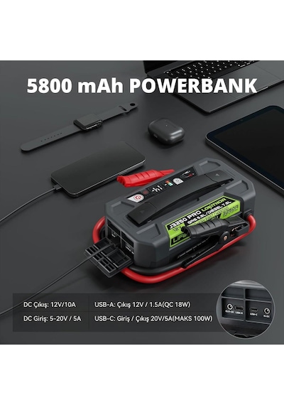 Lokithor J3250pro 12v 3250amp Lifepo4 Akıllı Akü Takviye + Powerbank + Led Lamba