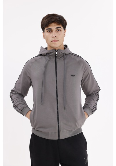 Rowinger Çift Şerit Kol Detaylı Tam Fermuarlı Cepli Rahat Kalıp Ayarlanabilir Kapüşonlu Sweatshirt Antracite