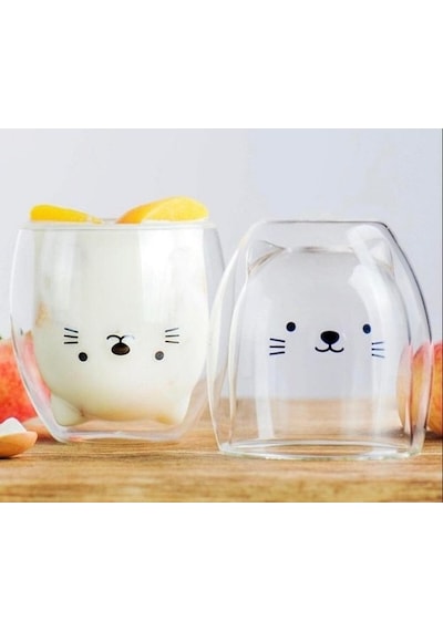 Çift Cidarlı Tasarım Cam Bardak Cidarlı Kedi Bardak