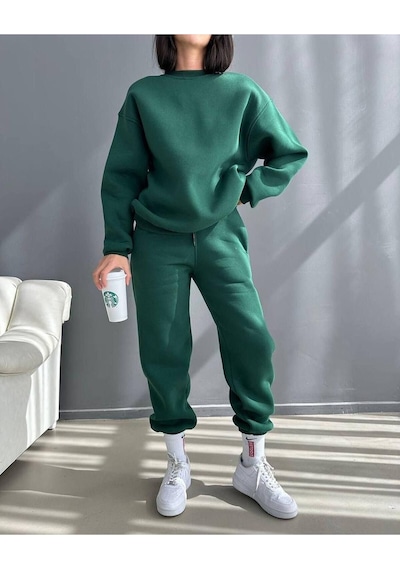 Baskısız Eşofman Takımı Sweatshirt Jogger - Yeşil Oversize Şardonlu Bisiklet Yaka Yeşil