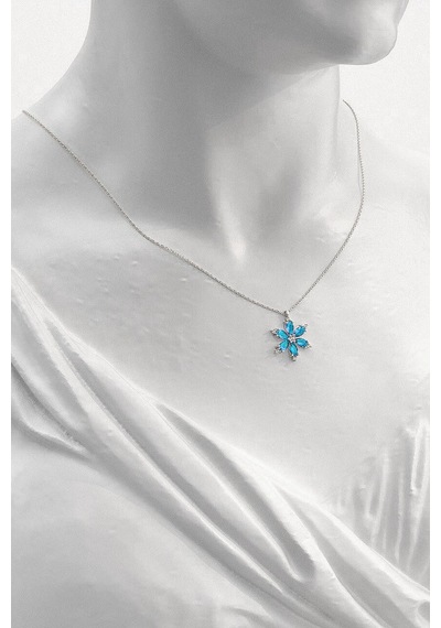 Brezza Lusso Jewelry 925 Ayar Lotus Çiçeği Aquamarin Taşlı Kadın Gümüş Kolye 45 CM