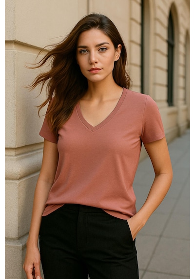 Markapia Kadın V Yaka Kısa Kollu Düz T-shirt Bej