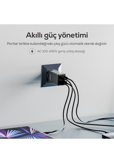 Hızlı Şarj Adaptörü 65w Gan + Type-c Kablo 100w Pd 4 Port, Apple iPhone & Samsung Uyumlu X6425