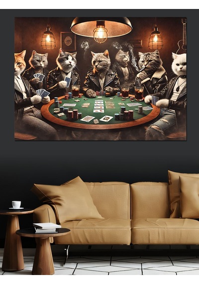 Poker Masasında Oynayan Kediler Dekoratif Kanvas - Mdf Ahşap Tablo