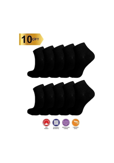Sweex 10 Çift Yazlık Terletmez Desensiz Düz Sade Kadın Patik Pamuk Siyah Çorap - Bilek Boy Kısa Çorap Siyah