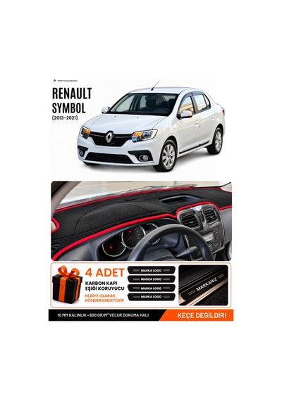 Renault Symbol Kısa Tip 1 2013-2021 Uyumlu Torpido Örtüsü, Torpido Kılıfı - Siyah Kırmızı