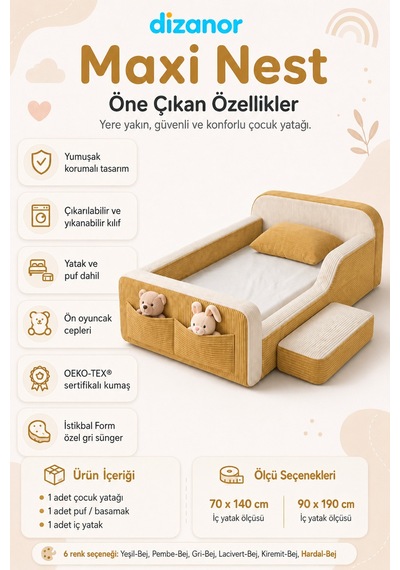 Dizanor Maxi Nest Montessori Çocuk Karyola Yatak Seti Sarı Fitilli 140 X 200 Dizanor Maxi Nest Montessori Çocuk Karyola Yatak Seti Sarı Fitilli 140 X 200