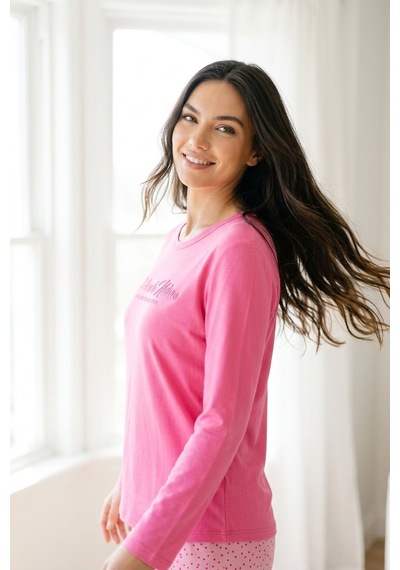 Aura Collections Kadın Desenli Bambu Viskon Uzun Kollu Soft Örme Mevsimlik Pijama Takımı Pembe