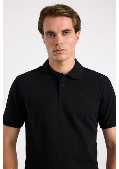 Süvari Siyah Regular Düz Nakışlı Pike Düğmeli Polo Yaka Tişört Ts1014000473-s09