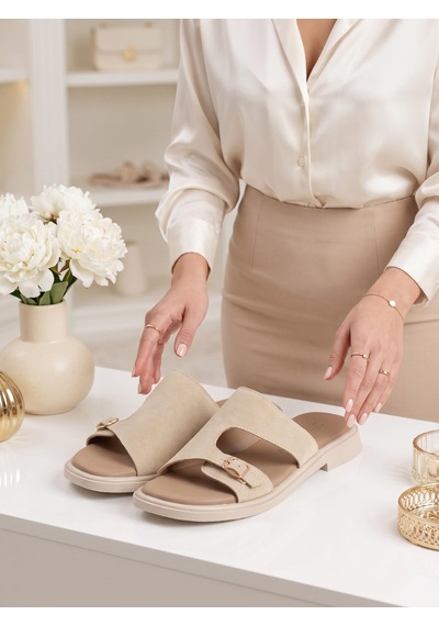 Nesilshoes Nesil Shoes Dvm 210 Bej Süet Tokalı Kadın Terlik