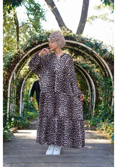 Polologin Butik Dökümlü Leopar Desenli Uzun Tesettür Elbise Çok Renkli
