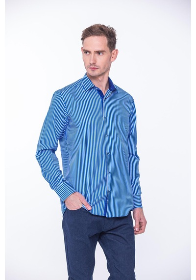 Fitmens Klasik Uzun Kol Premium Kalın Çizgili Hediye Kutulu Erkek Gömlek Fs-001266 - Saks Mavi Beyaz-1431