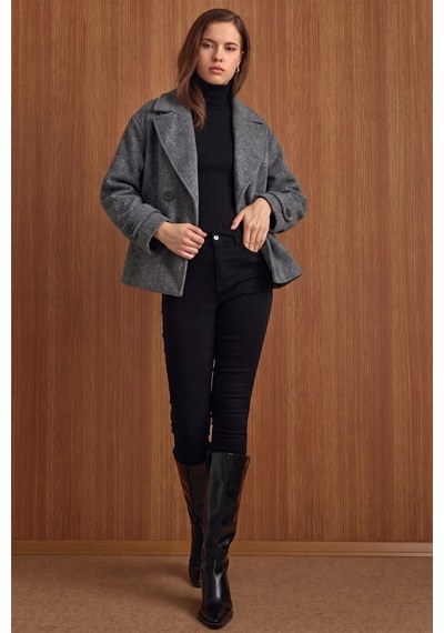 Olcay Ceket Yaka Oversize Kısa Kaban Koyu Gri 3204