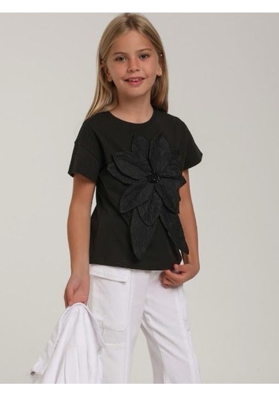 Escabel Kız Çocuk Çiçek İşlemeli Tasarım T-shirt-15614 Siyah