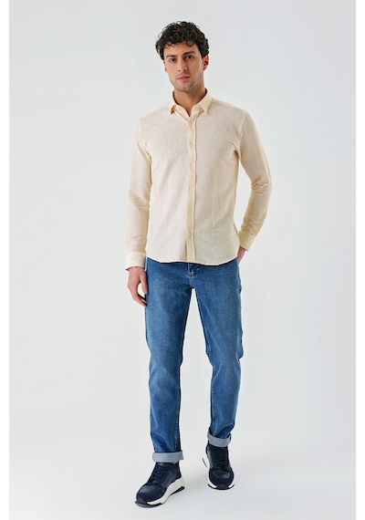 İmza Hardal Uzun Kollu Çizgili Biritli Yaka Pamuklu Likralı Casual Slim Fit Dar Kesim Gömlek 1004240233-hardal Hardal