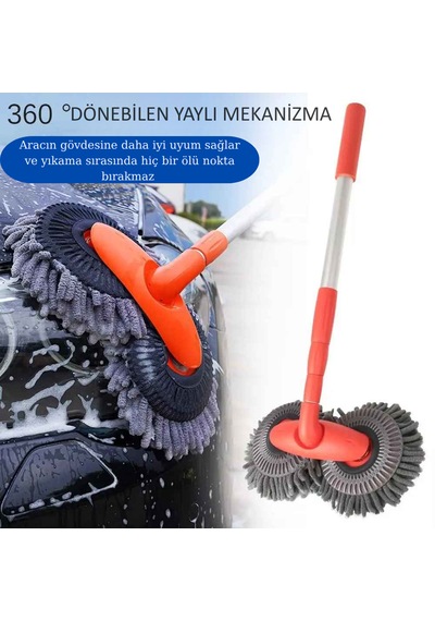 360 Dönebilen Teleskopik Mikrofiber Araba Yıkama Fırçası Çift Başlıklı Oto Temizlik Mopu Turuncu