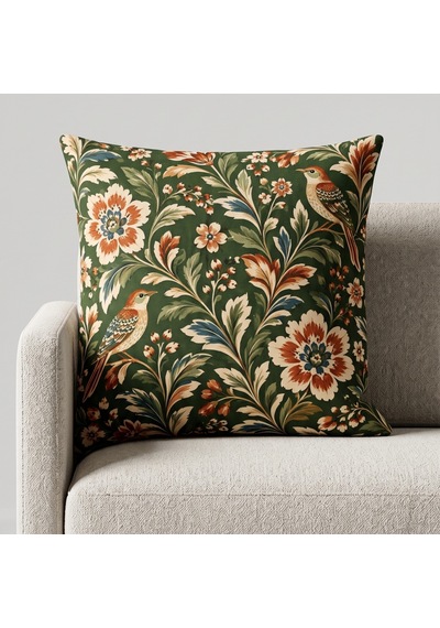 4'lü Kiremit Haki Kuşlu Botanik Desenli Dekoratif Kırlent Kılıfı Seti - Çift Taraflı 43x43 Cm Kiremit Kırmızısı