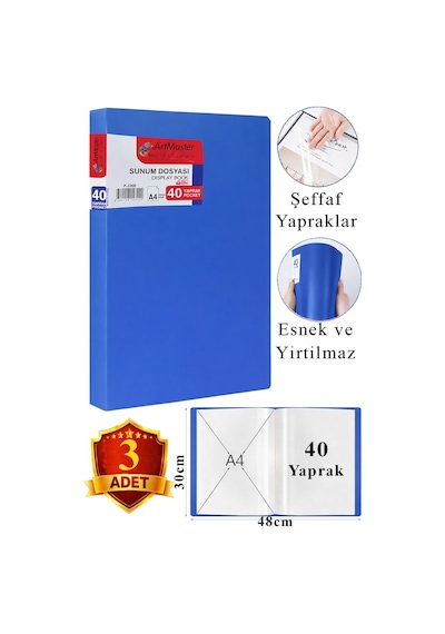 Mavi Sunum Dosyası 40 Lı 3 Adet Poşet Dosyalı Katalog Dosyası 40 Poşetli Kendinden Dosya Plastik Kapaklı Diğer