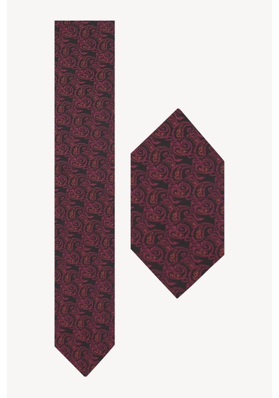 Erkek Siyah Bordo Karışık Desenli Kravat Mendil Set