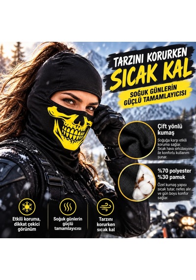 Genel Unisex Sarı Kurukafa Desenli Balaklava Kar Maskesi Siyah Tam Yüz Boyunluk Motos Siyah / Standart