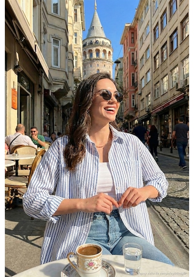 Lela Regular Fit Uzun Kollu Çizgili Bayan Gömlek 6772875 Indigo